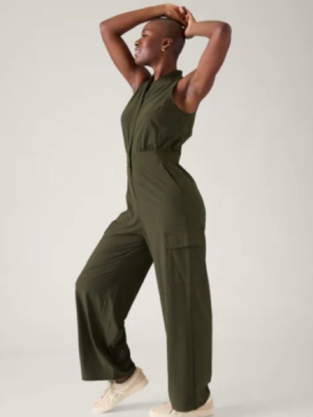 Brooklyn Heights Athleta Sleeveless Utility Jumpsuit in Olive Green